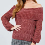 Long Sleeve Fold Over Off The Shoulder Chenille Sweater