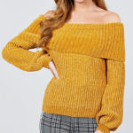 Long Sleeve Fold Over Off The Shoulder Chenille Sweater-yellow2