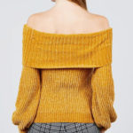 Long Sleeve Fold Over Off The Shoulder Chenille Sweater-yellow3