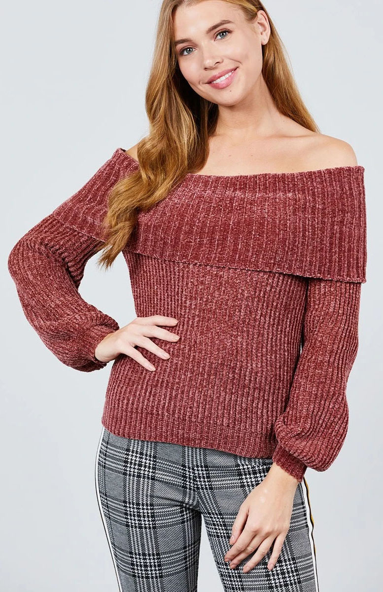 Long Sleeve Fold Over Off The Shoulder Chenille Sweater – Loti Fashion