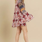 Multi-print Trumpet Sleeve Dress With A Drawstring Split Neck2