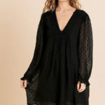 Sheer Polka Dot Fabric Long Ruffle Sleeve V-neck Dress